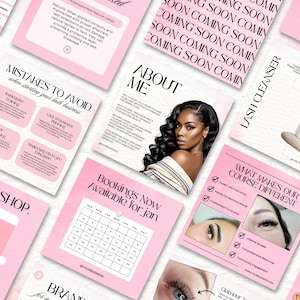 May include: A collection of pink and white social media templates for a lash business, featuring text such as MISTAKES TO AVOID, ABOUT ME, BOOKINGS NOW AVAILABLE FOR JAN, and WHAT MAKES OUR COURSE DIFFERENT, alongside images of eyelashes and a person.