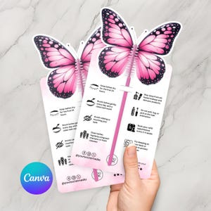 Pode incluir: Cartões de cuidados com os cílios em forma de borboleta rosa e preta, com dicas de cuidados com os cílios. Os cartões têm uma alça rosa com uma escova de cílios. O logotipo da Canva é visível.