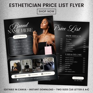 Könnte beinhalten: Schwarz-weißer Preislisten-Flyer für Kosmetikerinnen mit einer Frau, die eine rosa Tasche hält. Der Flyer enthält Dienstleistungen wie Gesichtsbehandlungen, Wimpernlifting und Augenbrauenformung. Kontaktinformationen sind ebenfalls enthalten.