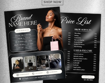 May include: Black and white esthetician price list flyer with a woman holding a pink bag. The flyer includes services such as facial treatments, lash lift, and brow shaping. The flyer also includes contact information.