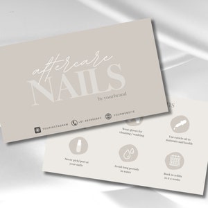 Modello di biglietto per la cura delle unghie, biglietto da visita per unghie modificabile, biglietto per la cura del cliente manicure, biglietto per la cura aziendale, unghie acriliche, beige estetico