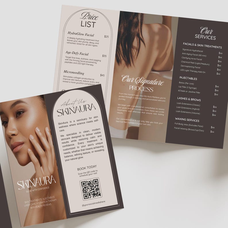 Esthetician Medspa Trifold Brochure Template, Beauty Salon Price list, Minimalistic, Esthetician Flyer, Medspa Skincare Beauty Brochure image 2