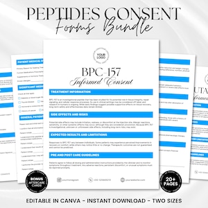 以下が含まれることがあります： 「BPC-157 Informed Consent」のテキストが入った、ペプチド用の編集可能な同意フォームのバンドル。フォームには、治療情報、副作用、ケアガイドラインが含まれています。ボーナスアフターケアカード付きで、2つのサイズで利用できます。