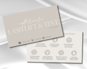 May include: A light brown card with the text "aftercare LASH LIFT & TINT by yourbrand" in white. The card has instructions for aftercare of a lash lift and tint, including avoiding oil-based makeup, steam, and rubbing the lashes.