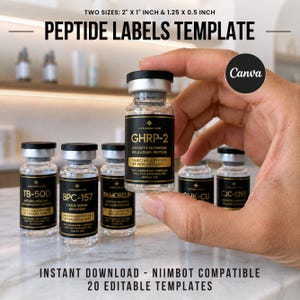 May include: A digital template for peptide labels featuring black rectangular stickers with gold text. The text includes names like GHRP-2, TB-500, and BPC-157. The template is compatible with Niimbot printers and offers two sizes: 2" x 1" and 1.25" x 0.5".