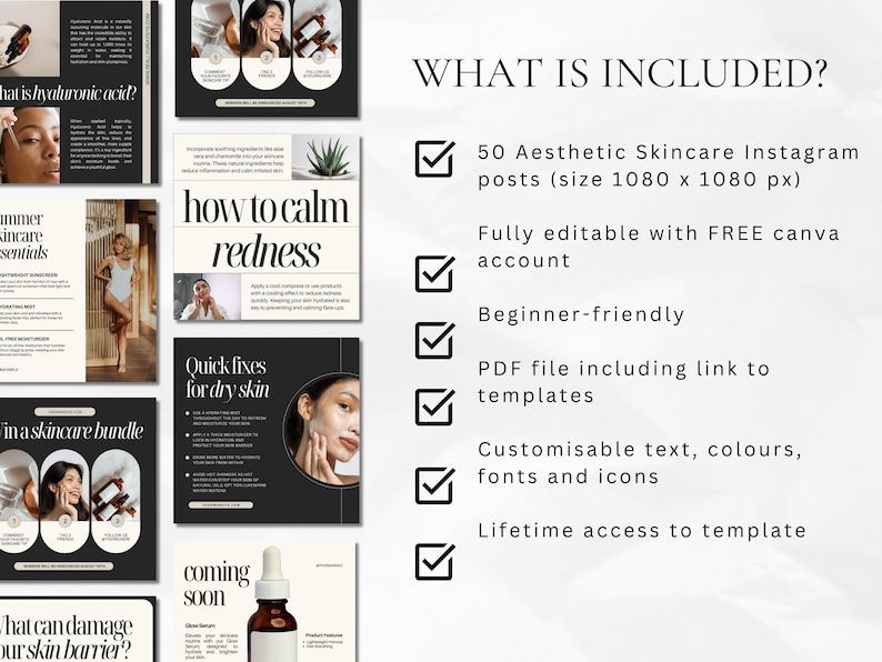 Pu&ograve; includere: Un elenco di controllo di ci&ograve; che &egrave; incluso in un prodotto digitale per creare post estetici di Instagram sulla cura della pelle. L'elenco di controllo include 50 post di Instagram, completamente modificabili con un account Canva gratuito, facile da usare per i principianti, un file PDF con link ai modelli, testo personalizzabile, colori, font e icone, e accesso a vita al modello.