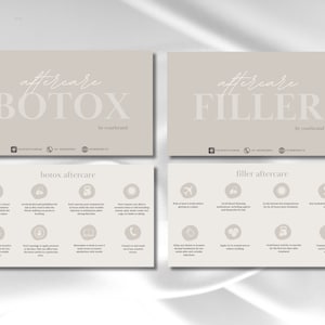 May include: Beige and white infographic with the text "aftercare BOTOX by yourbrand" and "aftercare FILLER by yourbrand". The infographic lists aftercare instructions for Botox and Filler treatments.