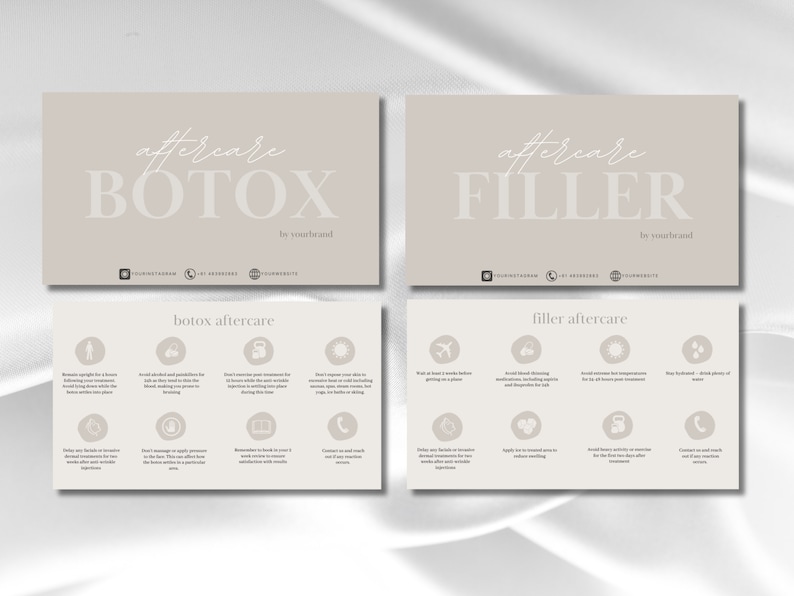 May include: Beige and white infographic with the text "aftercare BOTOX by yourbrand" and "aftercare FILLER by yourbrand". The infographic lists aftercare instructions for Botox and Filler treatments.