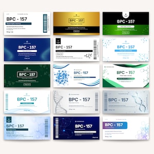Puede incluir: Una colección de etiquetas de productos rectangulares con el texto "BPC-157". Las etiquetas presentan varios esquemas de color, incluyendo dorado, verde, azul y blanco, con elementos gráficos y códigos de barras. También está presente el texto "Tissue repair, recovery".