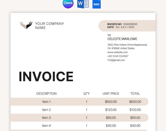 Editable Invoice Template, Minimalist Professional Business Form, Editable Business Invoice, Editable Custom Invoice, Google Doc, Word,Canva