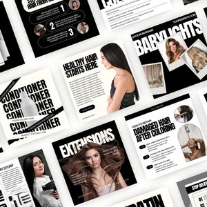 May include: A set of social media graphics for a hair salon. The graphics feature black and white images of models with various hairstyles, alongside text about hair care, extensions, and other salon services. The text includes phrases such as "Healthy Hair Starts Here", "Conditioner", "Extensions", and "How to Repair Damaged Hair After Colouring".
