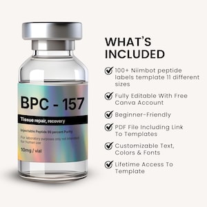 K&ouml;nnte beinhalten: Eine klare Glasflasche mit silbernem Verschluss, beschriftet mit "BPC-157" und "Tissue repair, recovery". Die Flasche enth&auml;lt 10mg injizierbares Peptid. Der Text rechts listet Funktionen auf, darunter 100+ Niimbot-Peptid-Etiketten, bearbeitbar mit Canva.