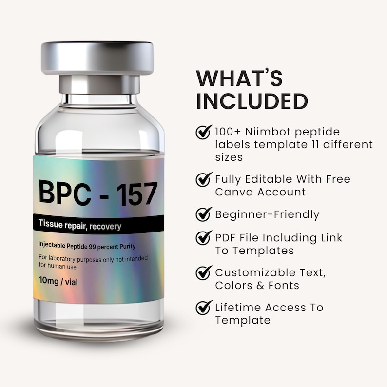 K&ouml;nnte beinhalten: Eine klare Glasflasche mit silbernem Verschluss, beschriftet mit "BPC-157" und "Tissue repair, recovery". Die Flasche enth&auml;lt 10mg injizierbares Peptid. Der Text rechts listet Funktionen auf, darunter 100+ Niimbot-Peptid-Etiketten, bearbeitbar mit Canva.