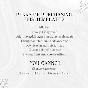 May include: White and gray graphic with the text "PERKS OF PURCHASING THIS TEMPLATE?" followed by a list of features, including editing text, changing the background, and downloading in multiple formats.