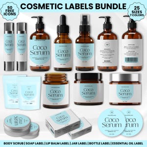 May include: A bundle of cosmetic labels featuring various containers, including bottles, jars, and tubes. The labels are light blue and white, with the text "Coco Serum" and "Organic Cold Pressed Essential Oil." The image also includes the text "Cosmetic Labels Bundle."