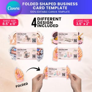 May include: A digital template for folded business cards featuring four distinct designs for Velvet Glow Studio. The sheet size is 8.5 inches by 11 inches, and the individual card size is 3.5 inches by 2 inches. The designs include illustrations of beauty services, QR codes, and contact placeholders.