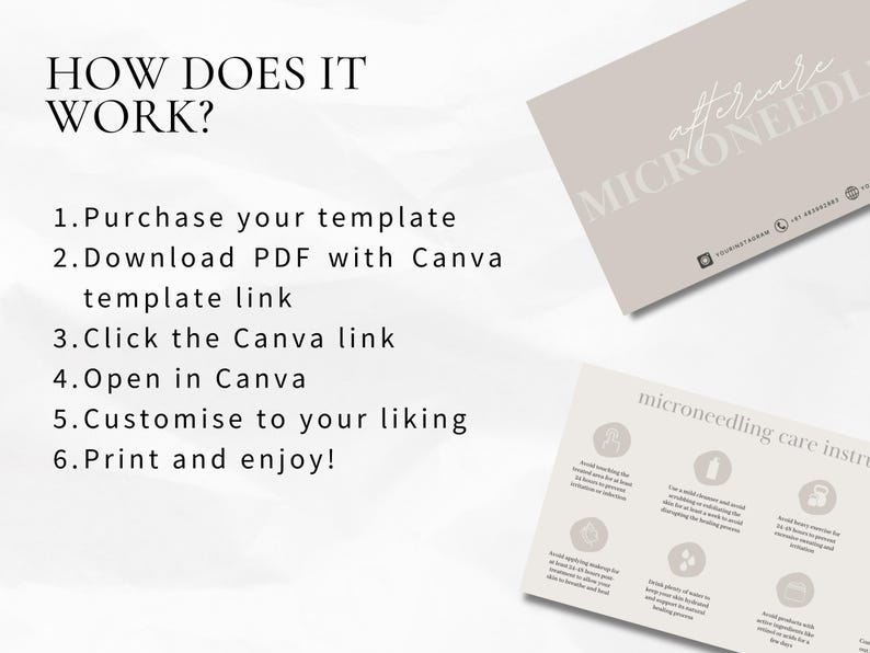 Puede incluir: Un fondo blanco con texto negro que explica c&oacute;mo usar una plantilla de Canva. El texto dice: "&iquest;C&Oacute;MO FUNCIONA? 1. Compra tu plantilla 2. Descarga el PDF con el enlace de la plantilla de Canva 3. Haz clic en el enlace de Canva 4. Abre en Canva 5. Personaliza a tu gusto 6. Imprime y disfruta!"