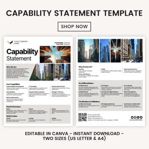 Capability Statement Template, Business Capability Statement Design, Editable Statement, Company Overview, Contracting Marketing Statement