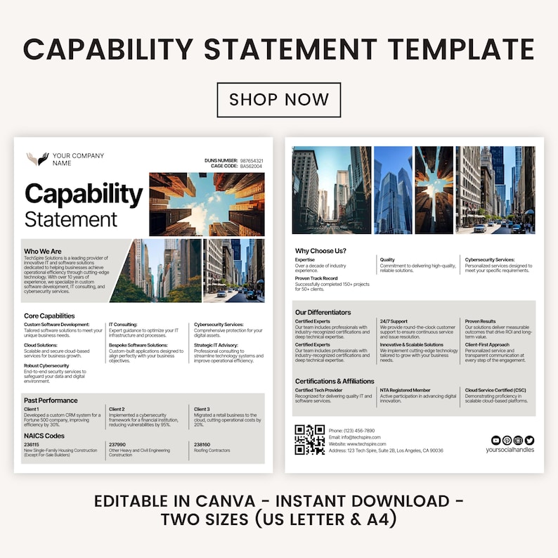May include: A white and blue Capability Statement Template with the text "SHOP NOW" and "Capability Statement". The document includes sections on core capabilities, past performance, and contact information. Available in two sizes.