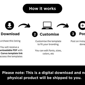 Puede incluir: Un infogr&aacute;fico en blanco y negro con tres pasos para personalizar y publicar una plantilla en Instagram. Los pasos son: 1. Descargar, 2. Personalizar y 3. Publicar. El infogr&aacute;fico incluye un icono de descarga, un icono de port&aacute;til y un icono de signo m&aacute;s.