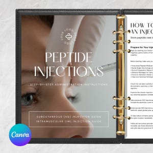 May include: A black binder containing a printed guide titled Peptide Injections with step-by-step administration instructions. The cover features a medical image, while the interior page lists preparation steps for subcutaneous and intramuscular injections.