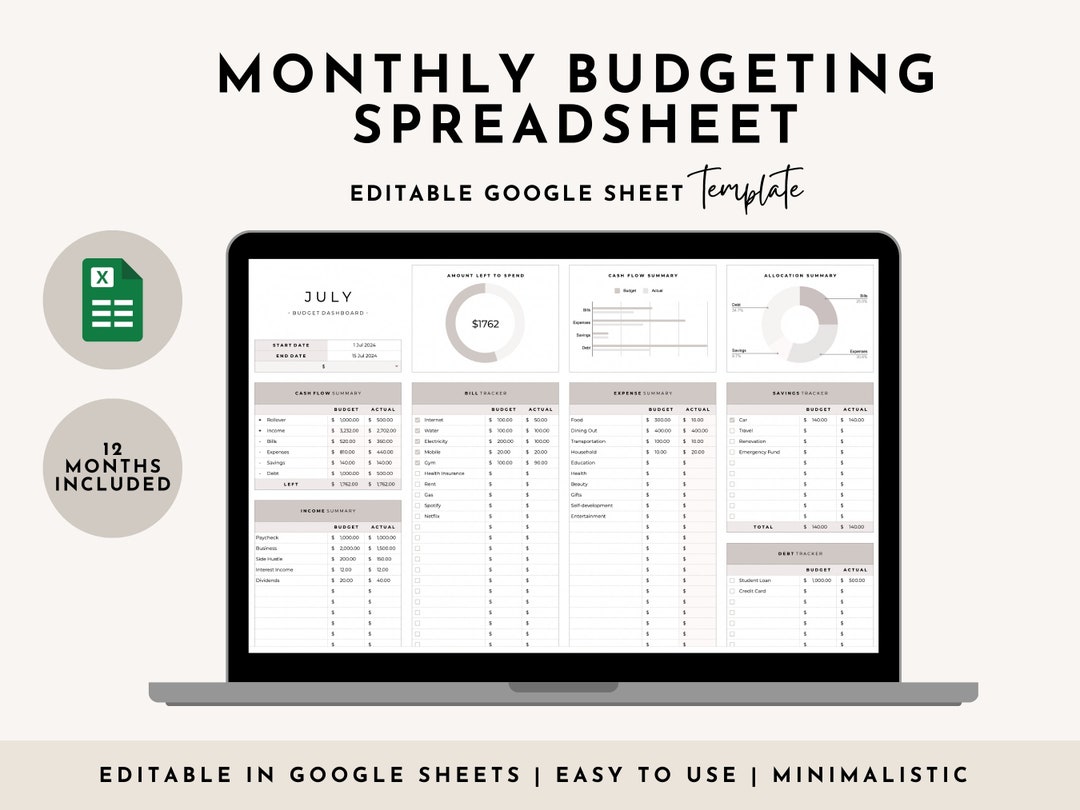 Budget Planner Google Sheets, Monthly Budget Spreadsheet, Paycheck ...