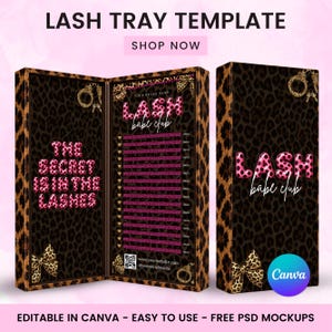 Könnte beinhalten: Eine Wimperntablett-Vorlage mit Leopardenmuster-Hintergrund und rosa Text mit der Aufschrift THE SECRET IS IN THE LASHES und LASH babe club. Das Design enthält goldene Handschellen- und Schleifengrafiken sowie ein Layout für rosa Glitzer-Wimpernstreifen.