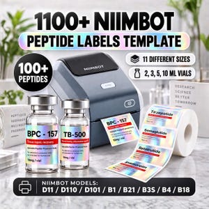 1100+ Niimbot-peptidetiketter, 100+ namn i 11 canvasstorlekar, holografiska termiska etiketter, 40×20 mm och 50×30 mm canvasmall