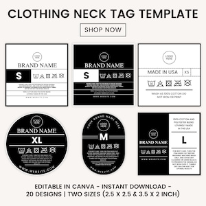Plantilla de Canva para etiquetas de cuello editables para ropa, etiquetas de cuello para camisetas, etiquetas de ropa, etiquetas de ropa DIY, instrucciones de lavado
