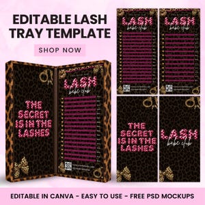 Op de afbeelding: Een bewerkbare wimpertray-sjabloon met een luipaardprint achtergrond en roze tekst die LASH babe club en THE SECRET IS IN THE LASHES leest. Het ontwerp bevat gouden handboeien en strik-afbeeldingen, een QR-code en tijdelijke aanduidingen voor websites.