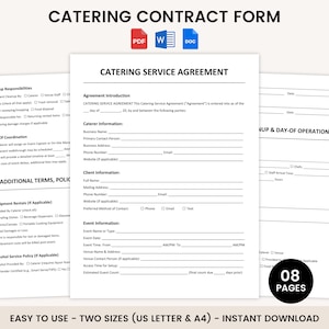Catering Contract Template, Editable Catering Service Contract, Catering Business Contract, Printable PDF, Word & Docs, Instant Download
