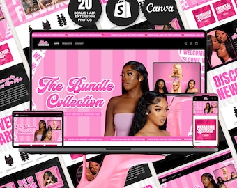 Shopilly Hair Website Design, vorgefertigte Glam Canva Website, bearbeitbare Haar Website-Vorlage, rosa Design-Banner, Shopstifte Theme Haarbanner