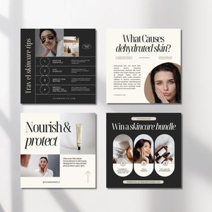 Pu&ograve; includere: Quattro grafiche di post Instagram in bianco e nero con un tema di cura della pelle. La prima grafica mostra una donna con una maschera per gli occhi e un elenco di quattro consigli per la cura della pelle da viaggio. La seconda grafica mostra una donna che si tocca il viso e il testo "What Causes dehydrated skin?" La terza grafica mostra una donna che guarda una bottiglia di cura della pelle e il testo "Nourish & protect". La quarta grafica mostra una donna sorridente e il testo "Win a skincare bundle".