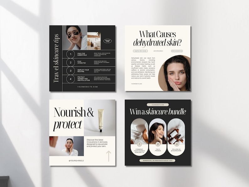 Pu&ograve; includere: Quattro grafiche di post Instagram in bianco e nero con un tema di cura della pelle. La prima grafica mostra una donna con una maschera per gli occhi e un elenco di quattro consigli per la cura della pelle da viaggio. La seconda grafica mostra una donna che si tocca il viso e il testo "What Causes dehydrated skin?" La terza grafica mostra una donna che guarda una bottiglia di cura della pelle e il testo "Nourish & protect". La quarta grafica mostra una donna sorridente e il testo "Win a skincare bundle".