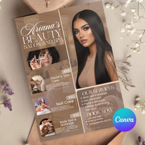 May include: A promotional flyer for Ariana's Beauty Salon and Spa, featuring a woman with long dark hair. The flyer lists services like facials, nail care, and body spa treatments. The flyer includes the text "Book Now" and contact information.
