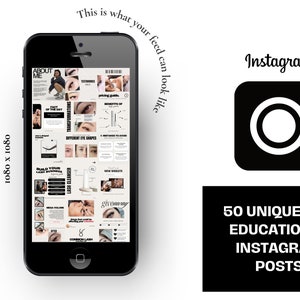 Puede incluir: Una imagen en blanco y negro de la pantalla de un tel&eacute;fono inteligente que muestra 50 publicaciones &uacute;nicas y educativas de Instagram sobre extensiones de pesta&ntilde;as. Las publicaciones incluyen temas como transformaciones de pesta&ntilde;as, diferentes formas de ojos, limpiador de pesta&ntilde;as y errores comunes de pesta&ntilde;as.