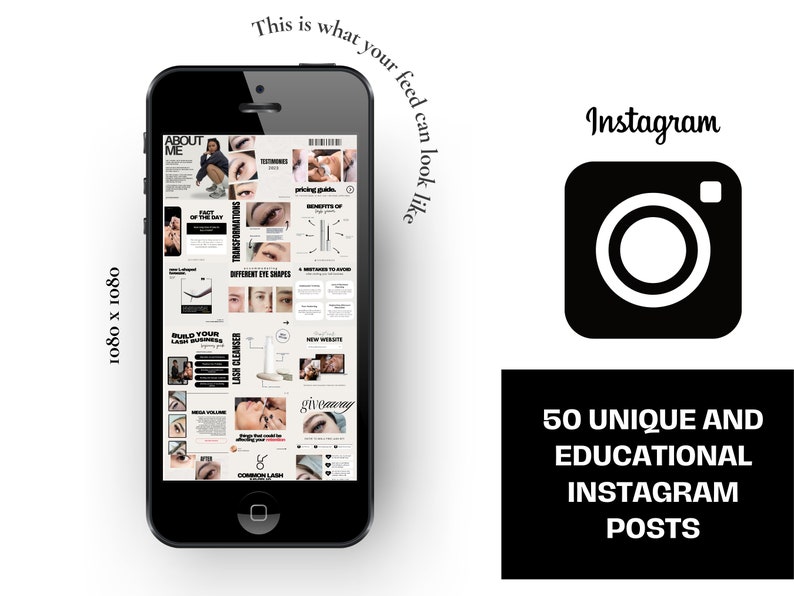Puede incluir: Una imagen en blanco y negro de la pantalla de un tel&eacute;fono inteligente que muestra 50 publicaciones &uacute;nicas y educativas de Instagram sobre extensiones de pesta&ntilde;as. Las publicaciones incluyen temas como transformaciones de pesta&ntilde;as, diferentes formas de ojos, limpiador de pesta&ntilde;as y errores comunes de pesta&ntilde;as.