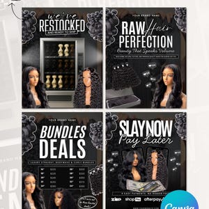 Può includere: Un volantino promozionale per parrucchieri, con quattro diversi design. I design mostrano pacchi di capelli, parrucche e opzioni di pagamento. Il testo include "HAIRSTYLIST FLYERS", "RESTOCKED", "RAW HAIR PERFECTION", "BUNDLES DEALS" e "SLAYNOW Pay Later". Il volantino è modificabile con Canva.