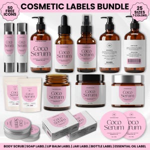 Op de afbeelding: Een verzameling cosmeticalabels met de tekst "Coco Serum" in een roze en wit ontwerp. De labels staan op verschillende containers, waaronder flessen, potten en lippenbalsemblikjes. De afbeelding bevat ook de tekst "Cosmetic Labels Bundle".