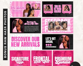 May include: Pink and white Shopify hair website banners with text including "The Bundle Collection", "Discover Our New Arrivals", and "Signature Wigs". The image also features photos of women with long hair.