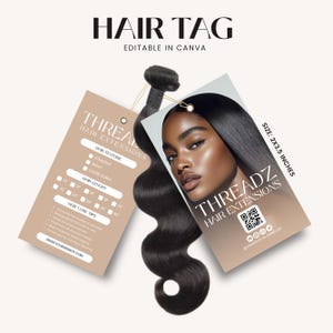 Mall för håretikett, redigerbar håretikett, gör-det-själv-design för hårhängare, etiketter för hårförlängningar, företagsetiketter för hår, hårförpackningar, varumärkeskit för hår