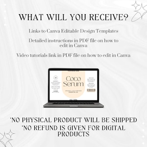 May include: A laptop displays a product label for "Coco Serum." The image includes text: "What Will You Receive?" and details about Canva templates, PDF instructions, and video tutorials. The label reads "Organic Cold Pressed Essential Oil."