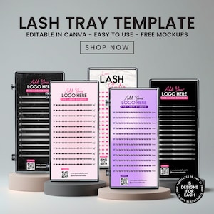 Op de afbeelding: Een promotieafbeelding met wimpertray-sjablonen. De sjablonen worden weergegeven in verschillende kleuren, waaronder zwart, roze en paars. Elke sjabloon heeft een ontwerp voor wimperextensions, met de tekst "Add Your Logo Here". De afbeelding bevat ook de tekst "LASH TRAY TEMPLATE".