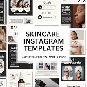 Pu&ograve; includere: Una collezione di 12 modelli Instagram per aziende di cura della pelle. I modelli presentano uno schema di colori bianco e nero con un'estetica moderna. I modelli includono testo come "Modelli Instagram per la cura della pelle", "Estetica ed editoriale | Realizzato con Canva", "Cos'&egrave; l'acido ialuronico?", "Come aumentare la pelle elastica", "Perch&eacute; la tua pelle si rompe?", "Trasformazione della pelle", "Prossimamente", "Fai questo", "Non fare questo", "Soluzione rapida per la pelle secca", "Riparazione notturna", "Trasformare", "Fatto sulla cura della pelle", "Suggerimento del giorno", e "In un pacchetto di cura della pelle".