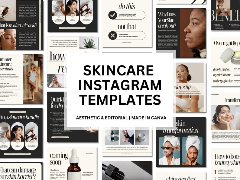 Pu&ograve; includere: Una collezione di 12 modelli Instagram per aziende di cura della pelle. I modelli presentano uno schema di colori bianco e nero con un'estetica moderna. I modelli includono testo come "Modelli Instagram per la cura della pelle", "Estetica ed editoriale | Realizzato con Canva", "Cos'&egrave; l'acido ialuronico?", "Come aumentare la pelle elastica", "Perch&eacute; la tua pelle si rompe?", "Trasformazione della pelle", "Prossimamente", "Fai questo", "Non fare questo", "Soluzione rapida per la pelle secca", "Riparazione notturna", "Trasformare", "Fatto sulla cura della pelle", "Suggerimento del giorno", e "In un pacchetto di cura della pelle".