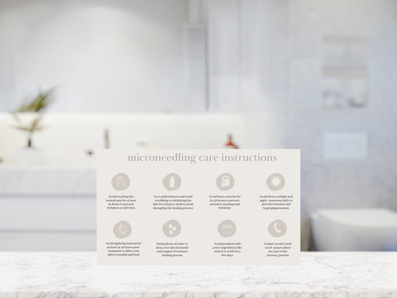 Puede incluir: Instrucciones de cuidado para microneedling con iconos y texto que describen qu&eacute; evitar despu&eacute;s de un tratamiento. Evite tocar el &aacute;rea tratada durante al menos 24 horas, use un limpiador suave y evite frotar, evite el ejercicio intenso durante 24 horas, evite la luz solar directa y aplique protector solar diariamente, evite maquillarse durante al menos 24 horas, beba mucha agua, evite los productos con ingredientes activos y p&oacute;ngase en contacto con nosotros si nota alg&uacute;n dolor o costra.