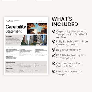 May include: A white document titled "Capability Statement" with a cityscape image. The document includes sections on core capabilities, past performance, and what's included, such as a template in US letter and A4 sizes.
