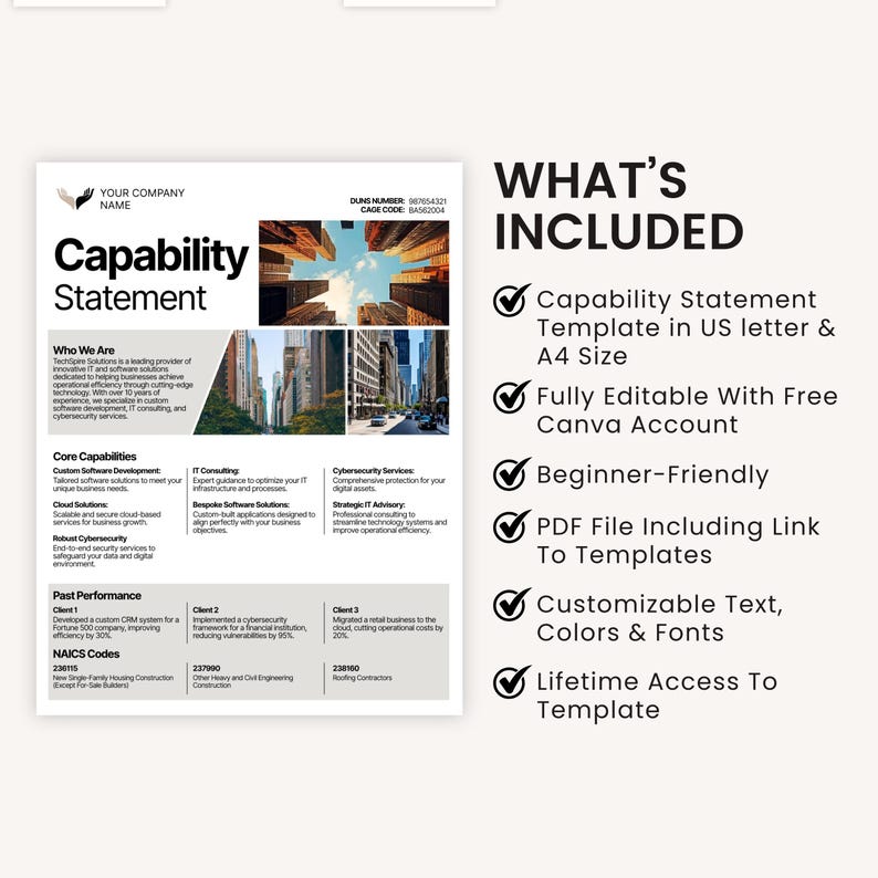 May include: A white document titled "Capability Statement" with a cityscape image. The document includes sections on core capabilities, past performance, and what's included, such as a template in US letter and A4 sizes.