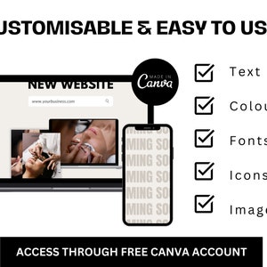 Puede incluir: Un port&aacute;til y un tel&eacute;fono inteligente que muestran un sitio web con el texto "NEW WEBSITE" y "www.yourbusiness.com". El sitio web es personalizable y f&aacute;cil de usar con texto, colores, fuentes, iconos e im&aacute;genes. El texto "MADE IN CANVA" es visible en un c&iacute;rculo negro.