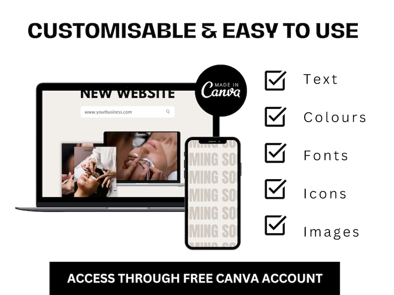 Puede incluir: Un port&aacute;til y un tel&eacute;fono inteligente que muestran un sitio web con el texto "NEW WEBSITE" y "www.yourbusiness.com". El sitio web es personalizable y f&aacute;cil de usar con texto, colores, fuentes, iconos e im&aacute;genes. El texto "MADE IN CANVA" es visible en un c&iacute;rculo negro.
